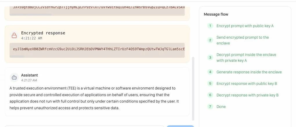 Confidential LLM chat showing an encrypted response, the decrypted answer, and the seven-step message flow